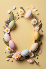Naklejka na ściany i meble oval frame with easter eggs and flowers. top view. flat layout style. minimalist pastel background with copy space. Generative AI