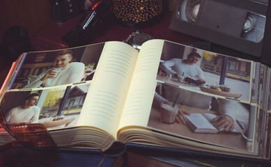 Illustration of photo album. Concept of art, creative hobby. Collage, details of interior