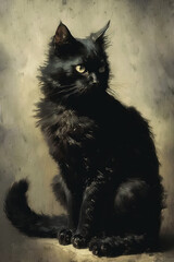 Vintage Black Cat Oil Painting, ai generative