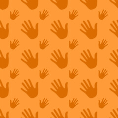 Seamless pattern handprints, isolated on orange background.