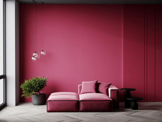 Viva magenta trendy color year 2023 in luxury living lounge or reception. Crimson red burgundy color loveseat and wall maroon marsala accent background. Modern room design interior home.  3d render 