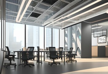 Fototapeta premium Modern Empty Conference Room with Spacious Glass Windows and Professional Office Furniture, generative ai