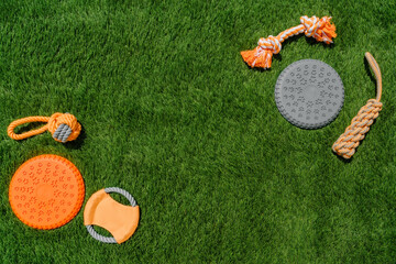 Set of orange rope and rubber toys for dogs on synthetic grass, layout, hard light