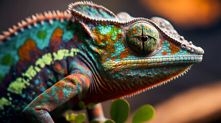 A Close-Up of a Colorful Chameleon in Psychedelic Art with concept style macro. Generative Ai.