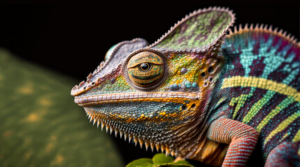 A Close-Up of a Colorful Chameleon in Psychedelic Art with concept style macro. Generative Ai.