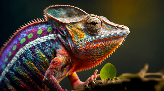 A Close-Up of a Colorful Chameleon in Psychedelic Art with concept style macro. Generative Ai.