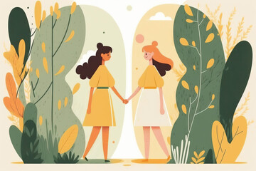 Female Friendship Cartoon Vector, Cute Girl Characters Illustration, Girls Holding Hands, Girl Love Abstract Art, Young Girls in Love Print, Couple, Colorful Child Art, Cute Girls Friendship Poster