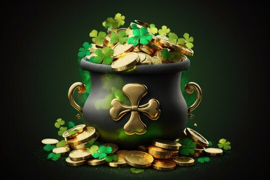 Pot of gold and shamrock. Saint Patrick's day concept