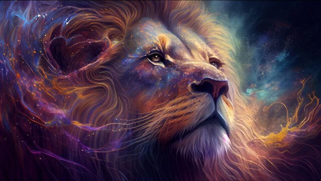 Photo of a delicate lion emerging from the universe in an astonishing light. Generative Ai.