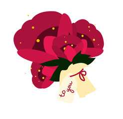 Flower bouquet illustration. Red peony vector template for postcard, banner with text. Flat style design concept for internationals women’s day, Valentines day or birthday. Cute floral decoration