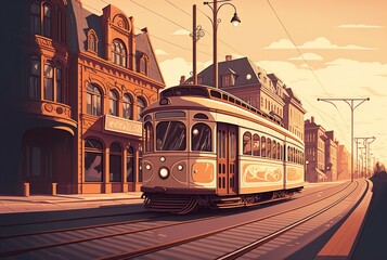 Fototapeta na wymiar cartoon illustration, a tram on a city street,generative ai