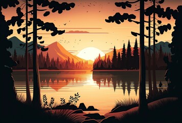 a cartoon illustration, landscape with lake, sun on the horizon and silhouettes, ai generative