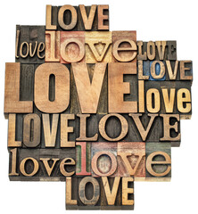 love - isolated word abstract, collage of  text in vintage letterpress wood type printing blocks, Valentine's Day concept