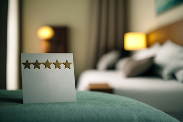 Five star rating with copyspace, in background a blurry luxury, hotel room - Generative AI - 568514609