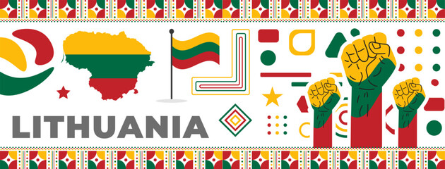 Lithuania national day banner with map, flag colors theme background and geometric abstract retro modern red, green and yellow color design template. Lithuania independence day background.