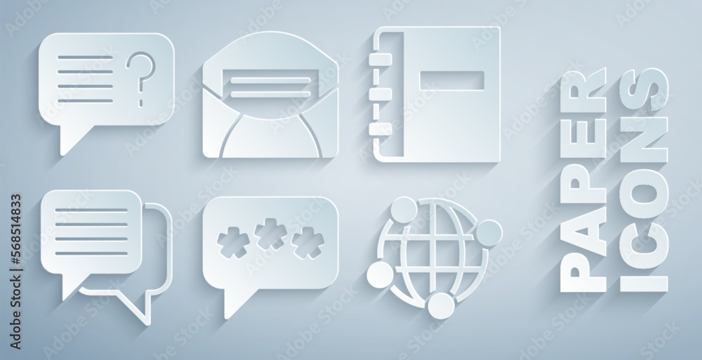 Poster set speech bubble chat, notebook, global technology, mail and e-mail and unknown search icon. vector