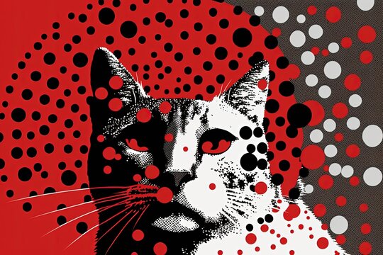 Halftone print red black cat Movie poster illustrations. Generative AI