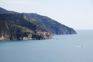 The panorama of CInque Terre national park and Corniglia village, Italy