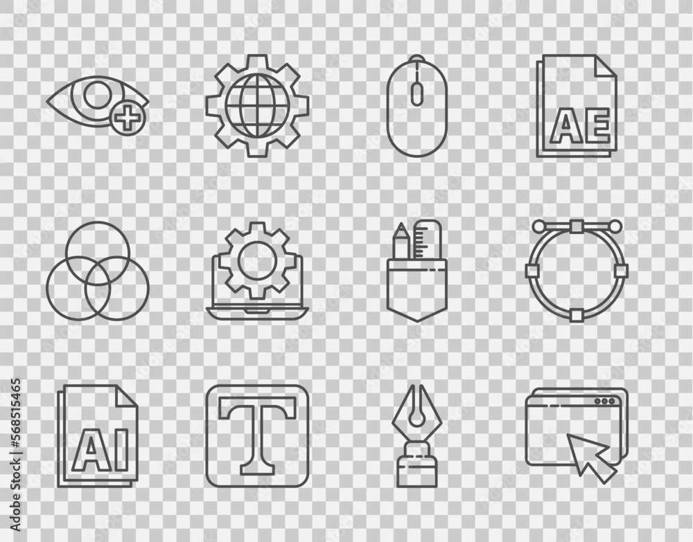 Poster set line ai file document, web design and development, computer mouse, text, red eye effect, laptop 
