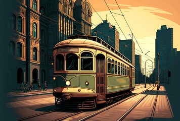 Naklejka na ściany i meble cartoon illustration, a tram on a city street,generative ai