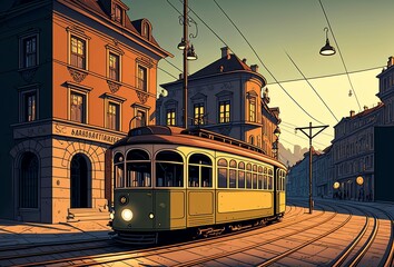 cartoon illustration, a tram on a city street,generative ai - obrazy, fototapety, plakaty