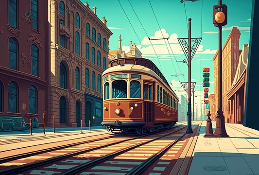 cartoon illustration, a tram on a city street,generative ai