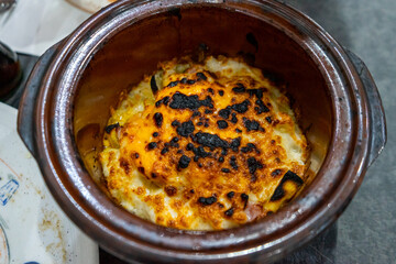 Potatoes with meat in clay pot