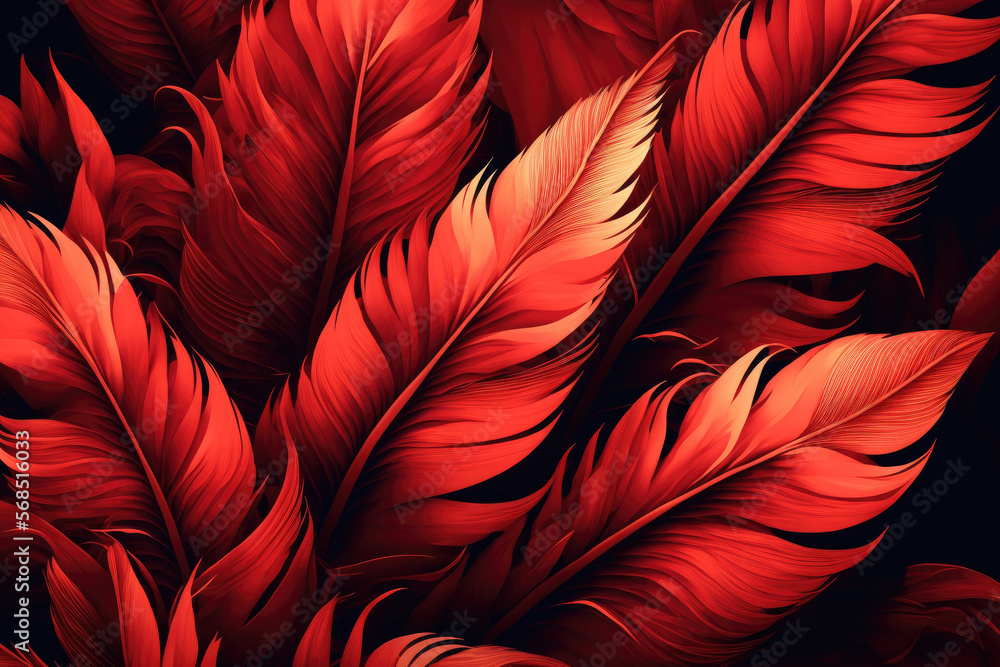 Poster beautiful background texture of red feathers. generative ai