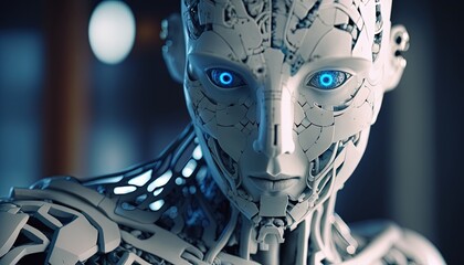 Obraz na płótnie Canvas Artificial intelligence, a humanoid cyber android with a neural network thinks. Artificial intelligence with a digital brain is learning to process big data. AI