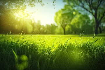 A fresh spring sunny garden background of green grass and blurred natural landscape with green grass, sunlight in nature field. Blurred spring nature background. Springtime. generative AI

