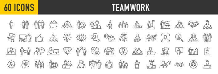 Set of 100 Teamwork icons in line style. Team, business people, human resources, collaboration, research, meeting, partnership, support, businessman. Collection. Vector illustration.
