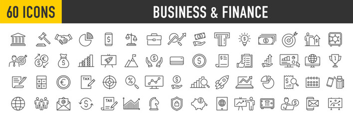 Set of 60 Business and Finance web icons in line style. Money, bank, contact, office, payment, strategy, accounting, infographic. Icon collection. Vector illustration.