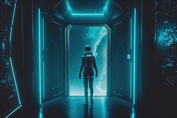 anime style illustration of a man in futuristic space suit, standing in the entrance to unknown place in space, Generative Ai