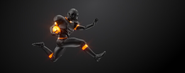 Abstract silhouette of a NFL american football player man in action isolated black background.