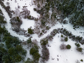 Aerial drone view of a winter landscape.