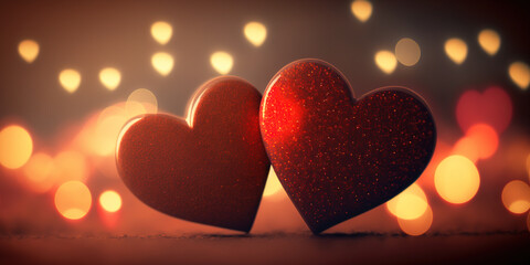 Close up of two red sparkling hearts on defocused bokeh light background. 