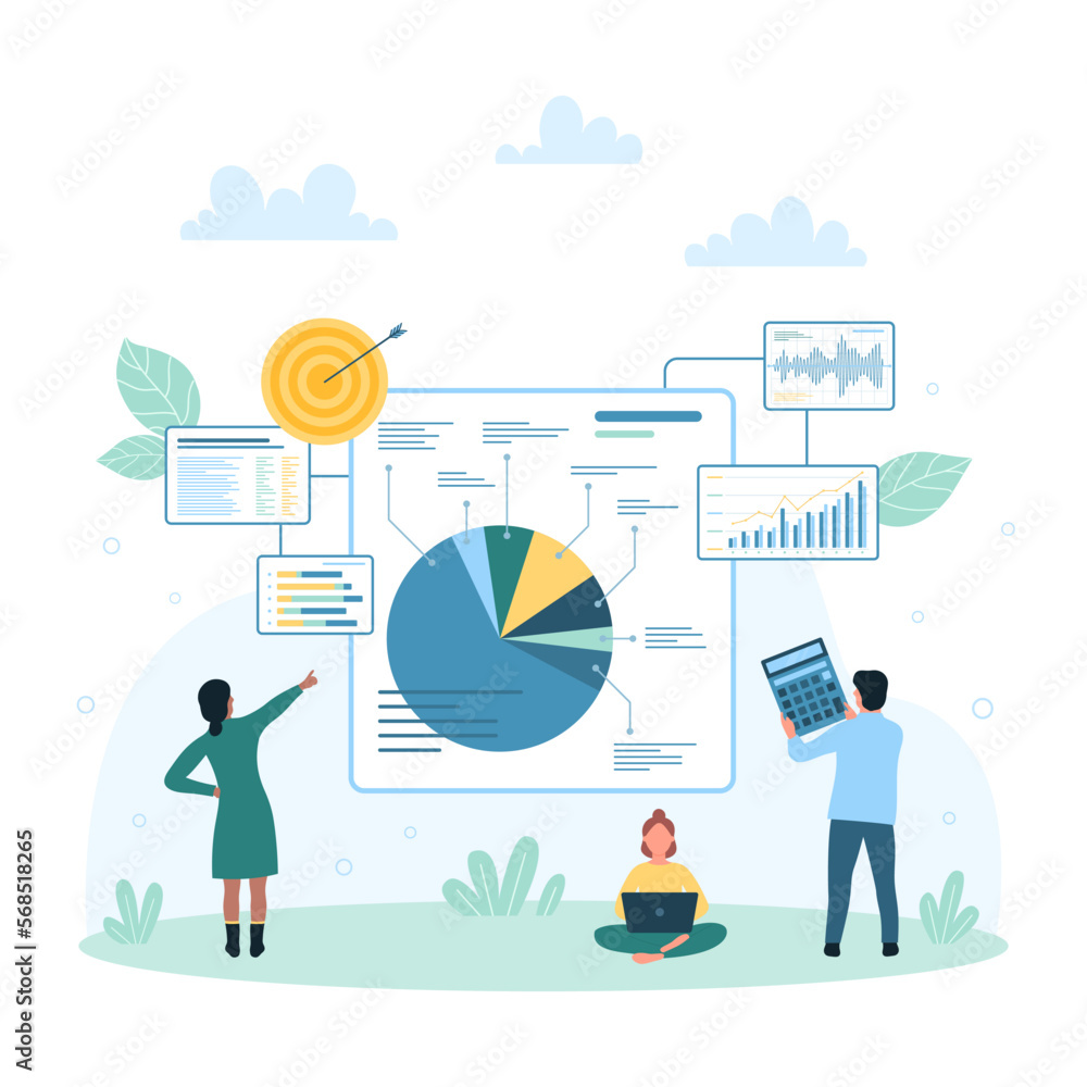 Poster data analysis of stock market trades vector illustration. cartoon tiny people research graphs and ca