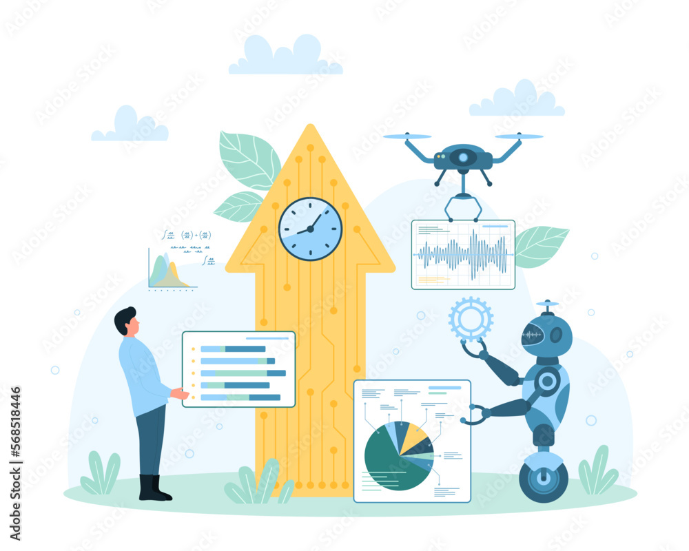 Poster economic growth with ai management vector illustration. cartoon tiny man, robot and drone work on au