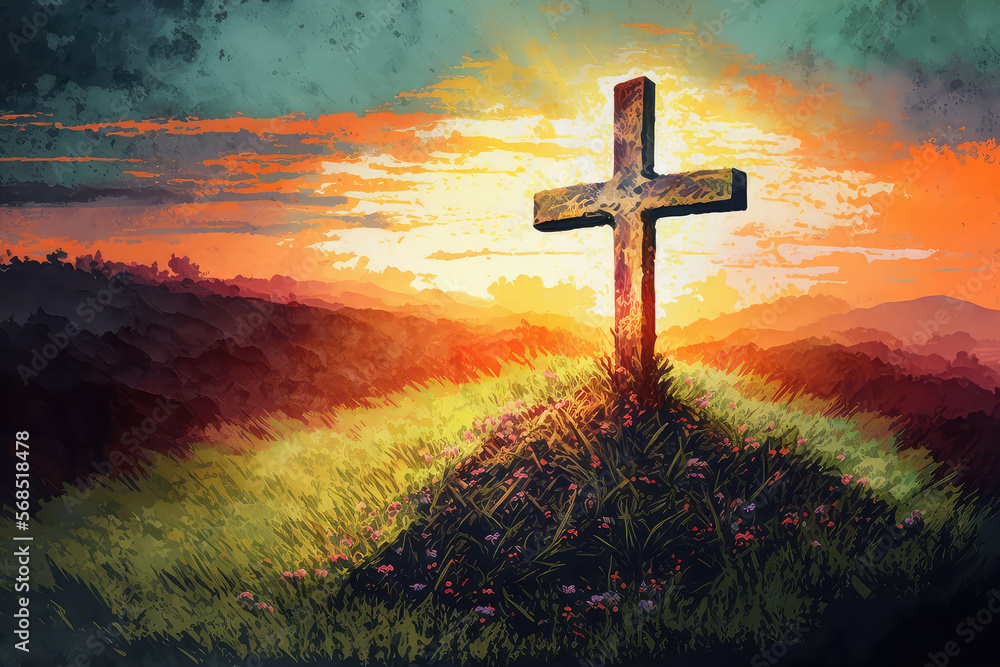 Wall mural illustration painting of Sunset over on cross old wooden on a grassy hill and meadow, abstract nature background as Christianity concept. (ai generated)