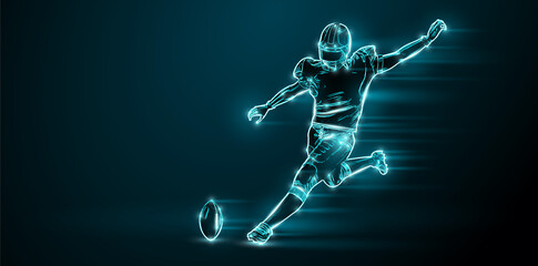 Abstract silhouette of a NFL american football player man in action isolated black background.