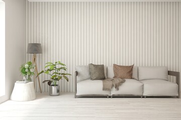 White living room with sofa. Scandinavian interior design. 3D illustration