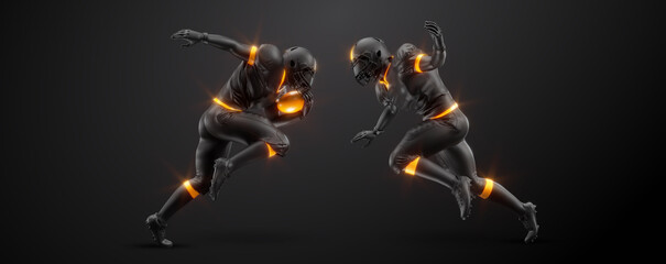 Abstract silhouette of a NFL american football player man in action isolated black background.