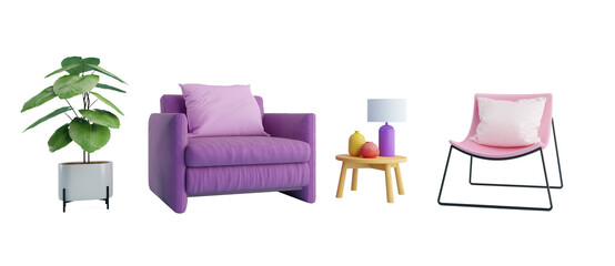 Purple and pink armchair set for interior decoration