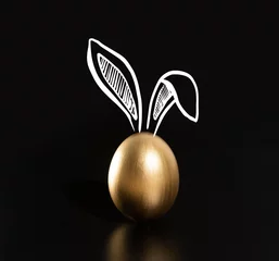 Fotobehang Happy Easter, Rabbits's ears, Gold eggs.  © Aleksandr