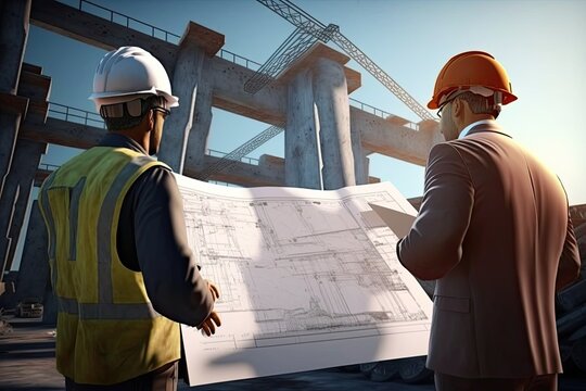 Architect and engineer working on blueprint at construction site. Generative AI