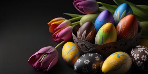 Fototapeta na wymiar Colourful Tulips and Easter Eggs, Generative Ai