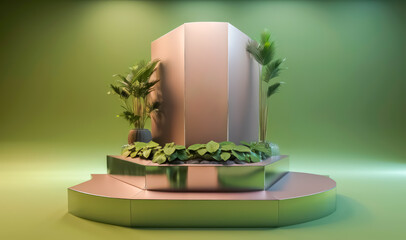 white marble pedestal steps in center with abstract  layout on pink background and tropical plant.  minimalistic abstract background concept for product placement. Minimal fashion mockup.generative ai