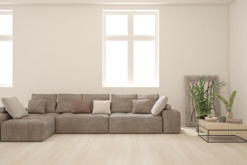 White living room with sofa. Scandinavian interior design. 3D illustration