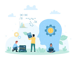 Digital science technology vector illustration. Cartoon tiny people work with circuit, microchips and gears in artificial brain of abstract human head, engineering teamwork with neural network
