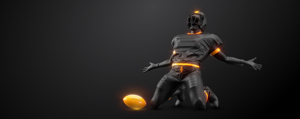 Abstract silhouette of a NFL american football player man in action isolated black background.